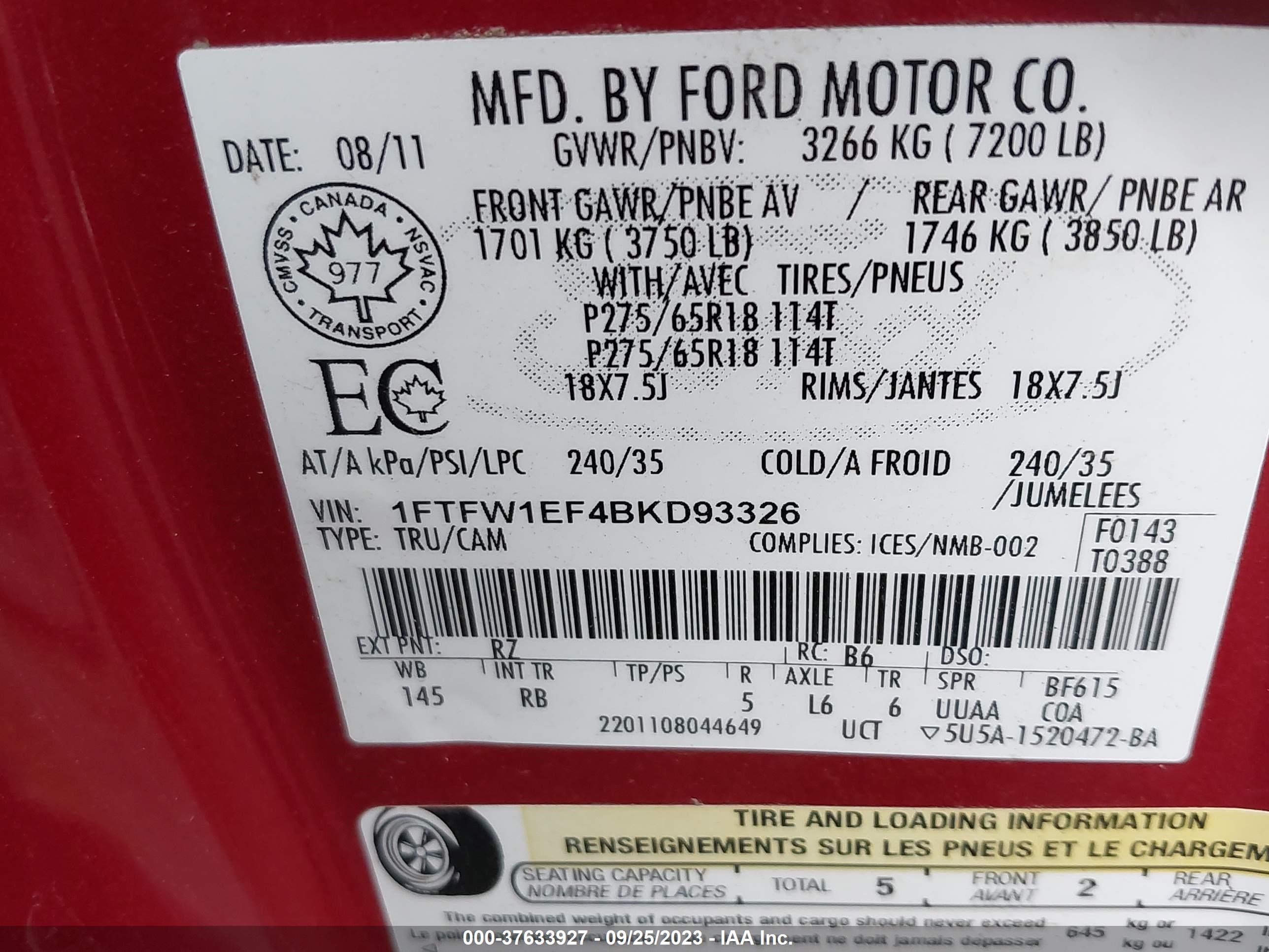 Photo 8 VIN: 1FTFW1EF4BKD93326 - FORD F-150 