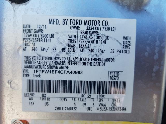 Photo 9 VIN: 1FTFW1EF4CFA40983 - FORD F150 SUPER 