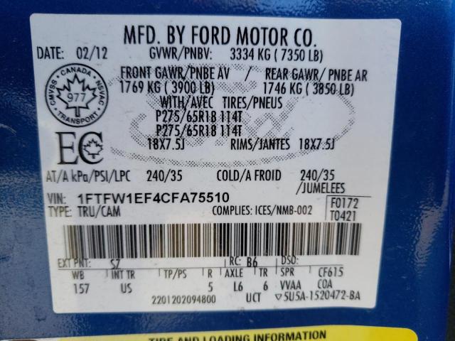 Photo 9 VIN: 1FTFW1EF4CFA75510 - FORD F150 SUPER 