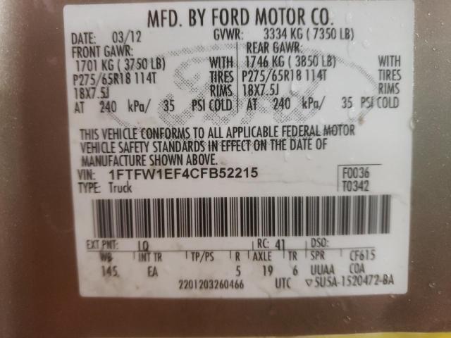 Photo 11 VIN: 1FTFW1EF4CFB52215 - FORD F150 SUPER 