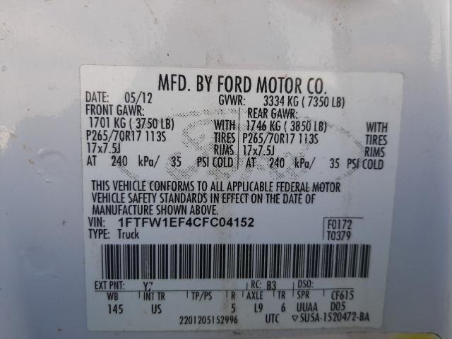 Photo 9 VIN: 1FTFW1EF4CFC04152 - FORD F150 SUPER 