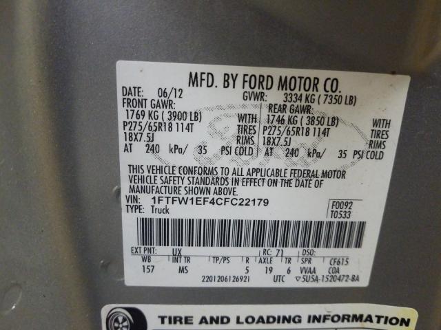 Photo 9 VIN: 1FTFW1EF4CFC22179 - FORD F150 SUPER 