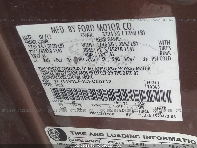 Photo 8 VIN: 1FTFW1EF4CFC50712 - FORD F-150 