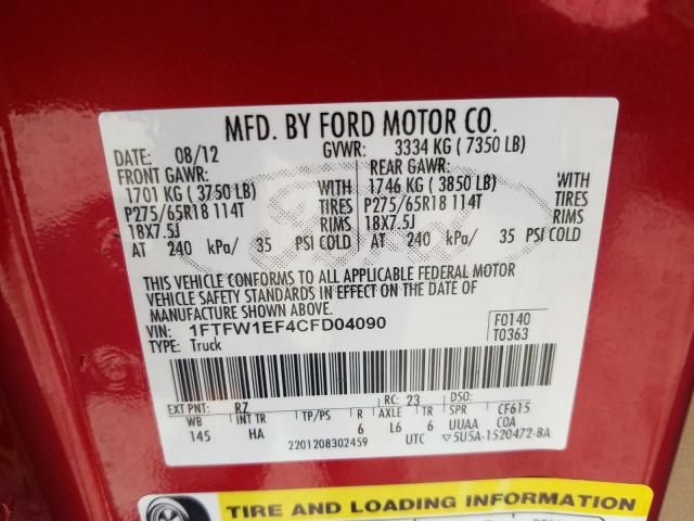 Photo 9 VIN: 1FTFW1EF4CFD04090 - FORD F150 SUPER 