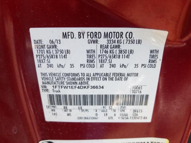 Photo 9 VIN: 1FTFW1EF4DKF36634 - FORD F150 SUPER 