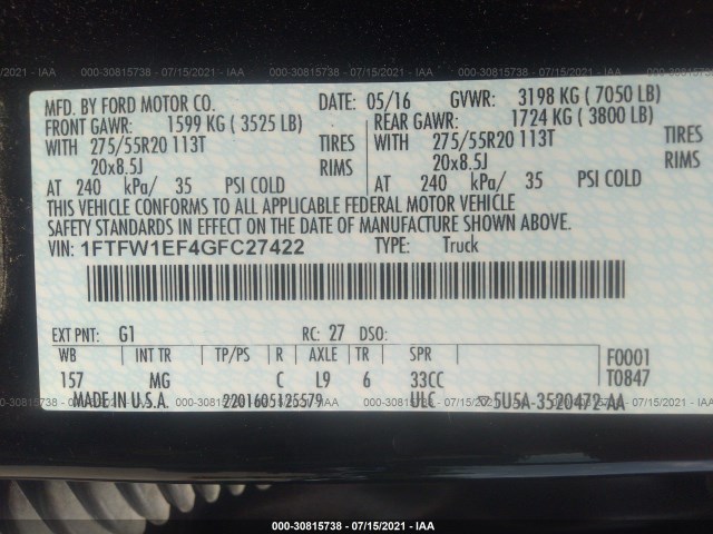 Photo 8 VIN: 1FTFW1EF4GFC27422 - FORD F-150 