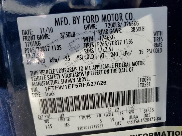 Photo 9 VIN: 1FTFW1EF5BFA27626 - FORD F150 SUPER 