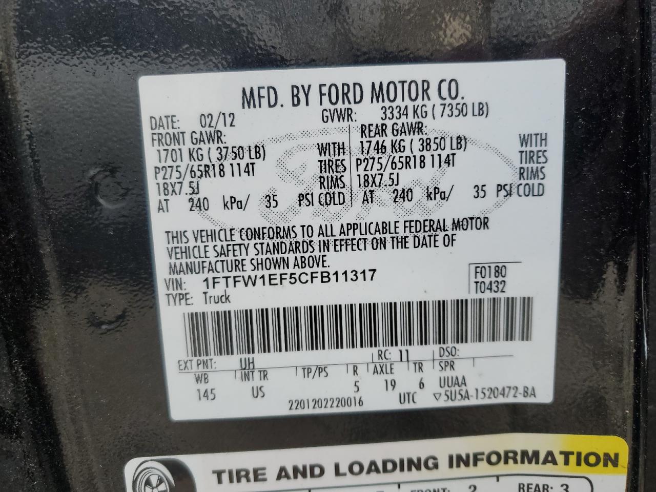 Photo 11 VIN: 1FTFW1EF5CFB11317 - FORD F-150 