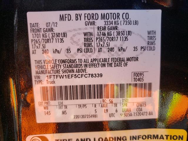 Photo 9 VIN: 1FTFW1EF5CFC78339 - FORD F150 SUPER 