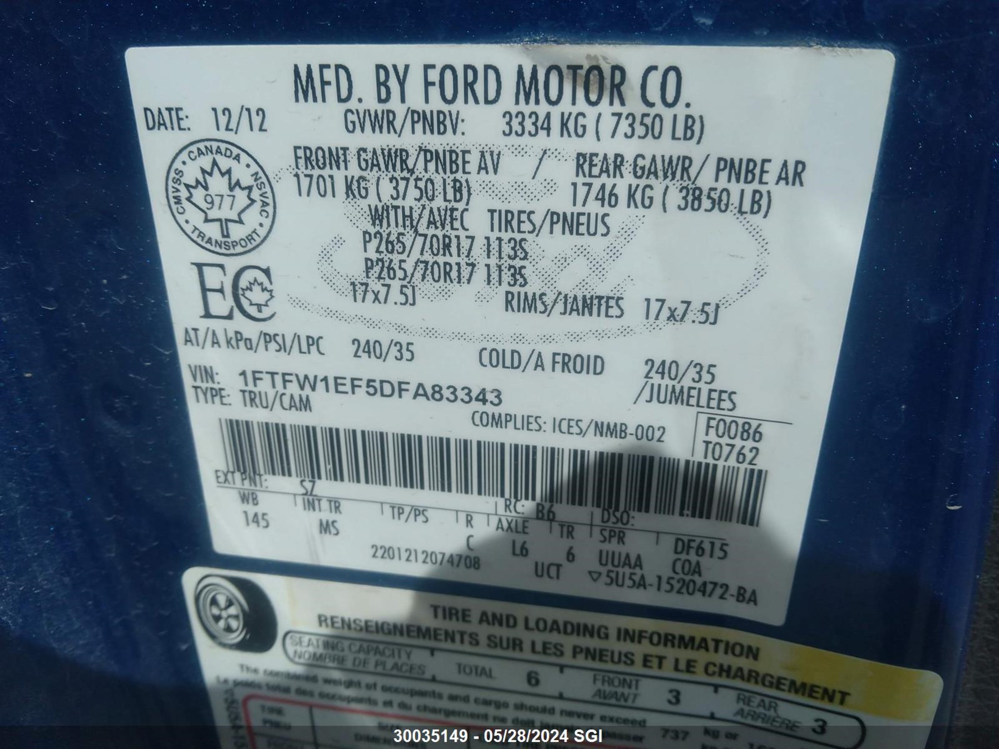 Photo 8 VIN: 1FTFW1EF5DFA83343 - FORD F-150 