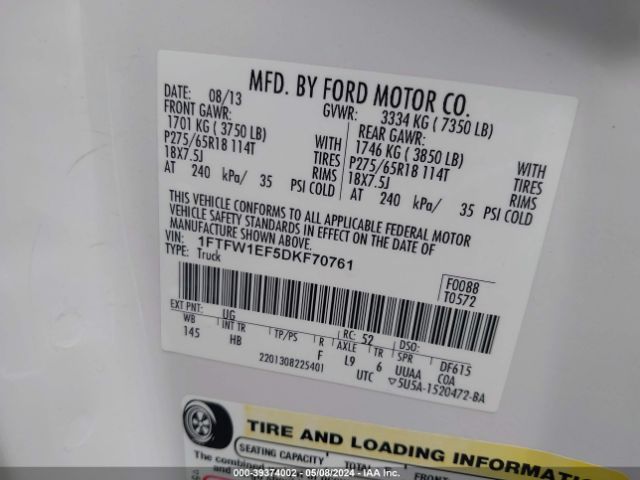 Photo 8 VIN: 1FTFW1EF5DKF70761 - FORD F-150 