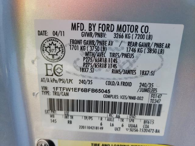 Photo 9 VIN: 1FTFW1EF6BFB65045 - FORD F150 SUPER 