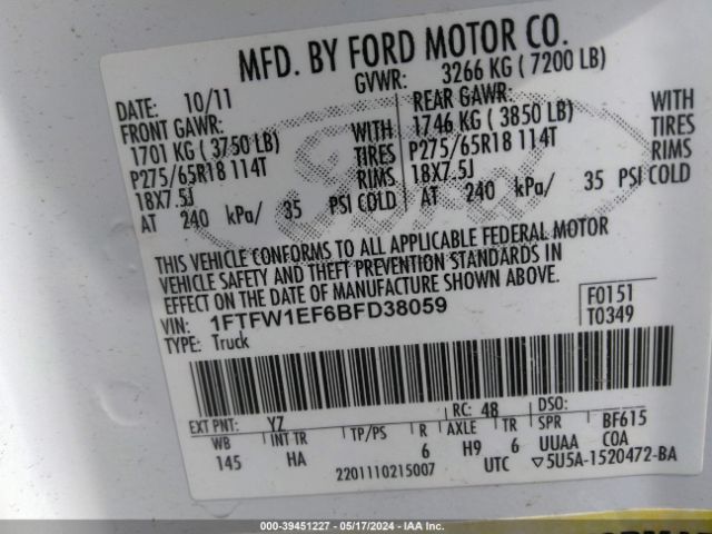 Photo 8 VIN: 1FTFW1EF6BFD38059 - FORD F-150 