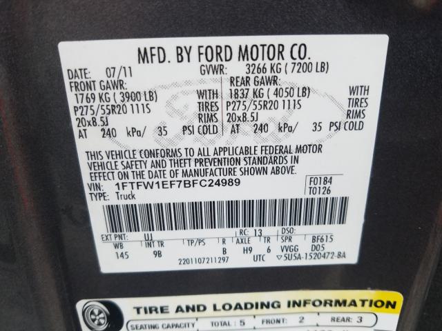 Photo 9 VIN: 1FTFW1EF7BFC24989 - FORD F150 SUPER 