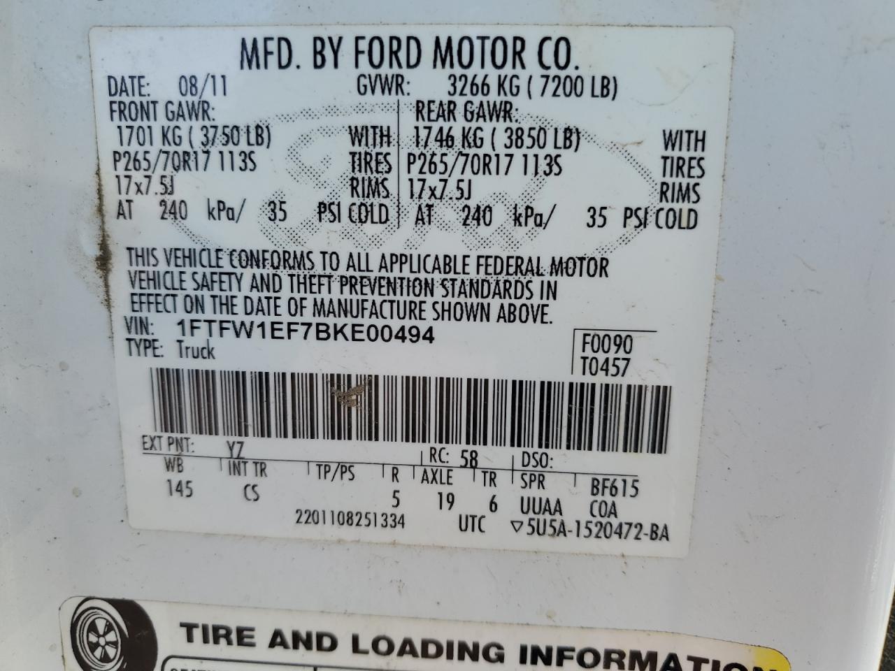 Photo 12 VIN: 1FTFW1EF7BKE00494 - FORD F-150 