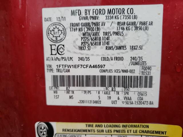 Photo 9 VIN: 1FTFW1EF7CFA46597 - FORD F150 SUPER 