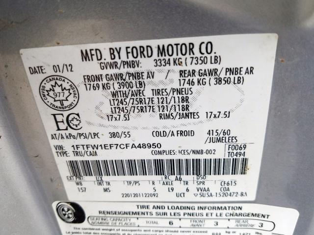 Photo 9 VIN: 1FTFW1EF7CFA48950 - FORD F150 SUPER 