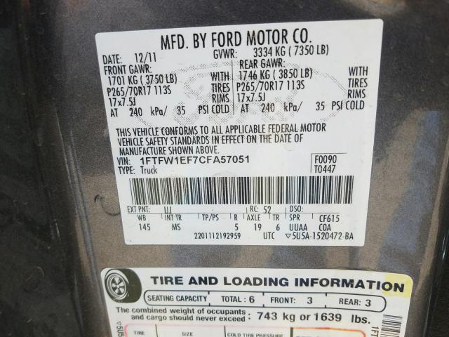 Photo 9 VIN: 1FTFW1EF7CFA57051 - FORD F150 SUPER 