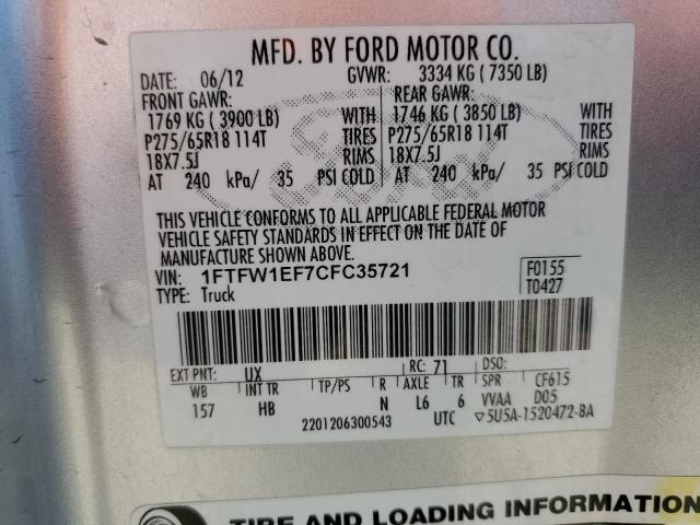 Photo 11 VIN: 1FTFW1EF7CFC35721 - FORD F150 SUPER 