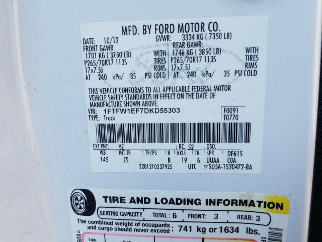 Photo 9 VIN: 1FTFW1EF7DKD55303 - FORD F150 SUPER 