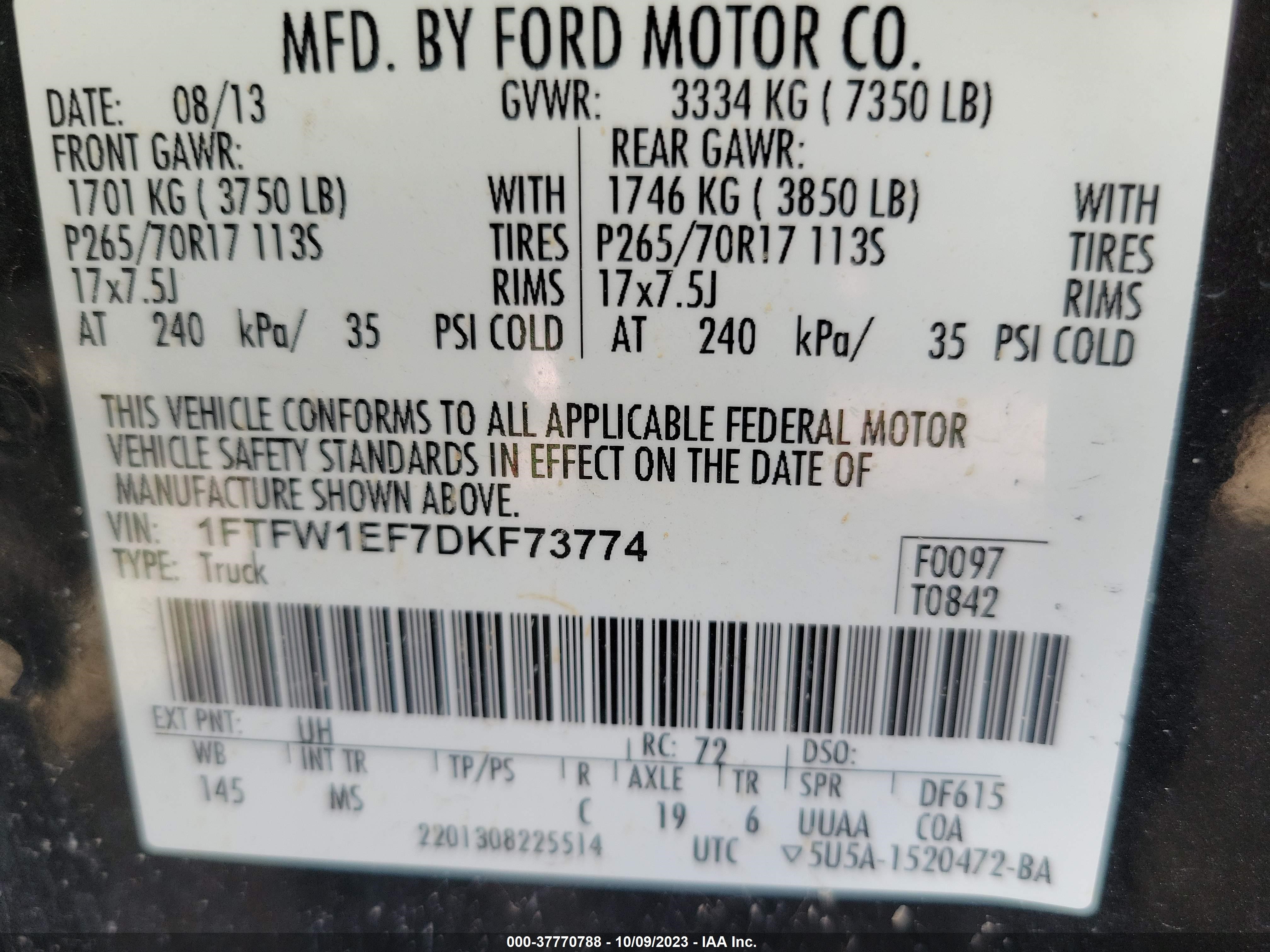 Photo 8 VIN: 1FTFW1EF7DKF73774 - FORD F-150 