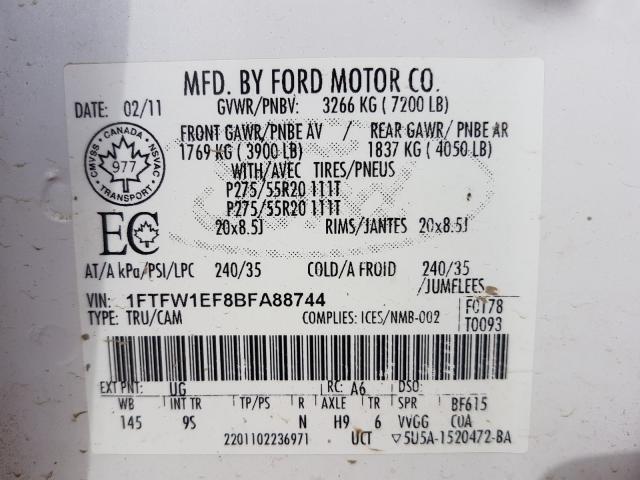 Photo 9 VIN: 1FTFW1EF8BFA88744 - FORD F150 SUPER 