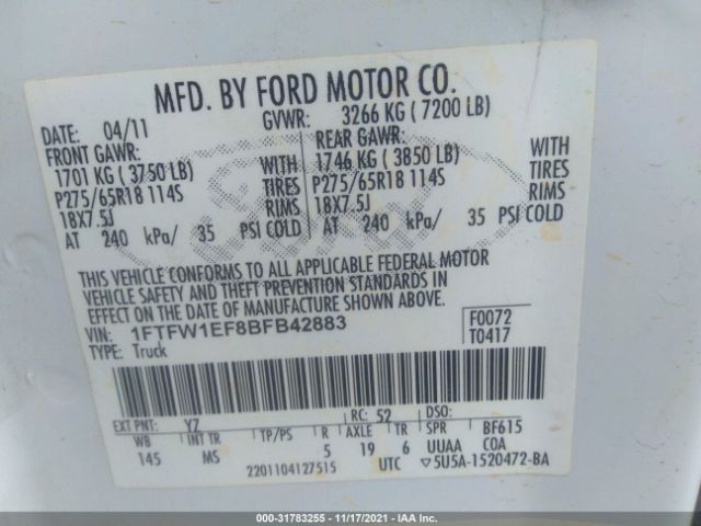 Photo 8 VIN: 1FTFW1EF8BFB42883 - FORD F-150 