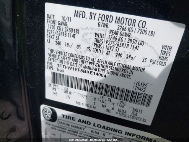 Photo 8 VIN: 1FTFW1EF8BKE14064 - FORD F-150 