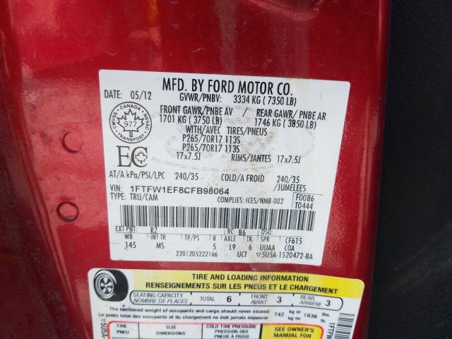 Photo 9 VIN: 1FTFW1EF8CFB98064 - FORD F150 SUPER 