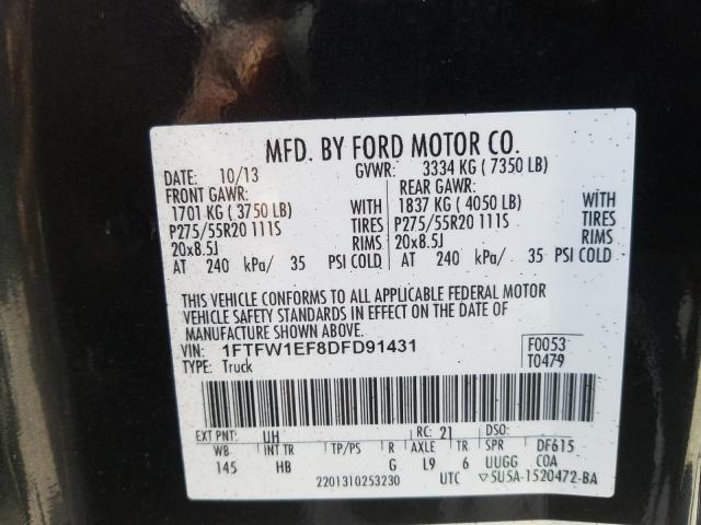 Photo 9 VIN: 1FTFW1EF8DFD91431 - FORD F150 SUPER 