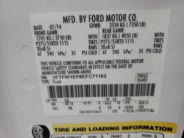 Photo 9 VIN: 1FTFW1EF8EFC71162 - FORD F150 SUPER 