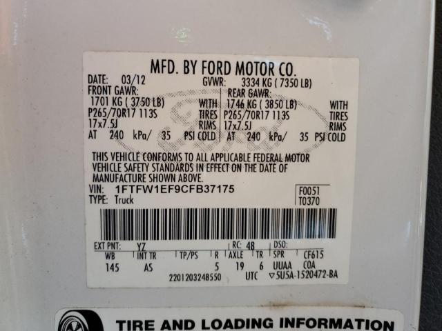 Photo 12 VIN: 1FTFW1EF9CFB37175 - FORD F150 SUPER 