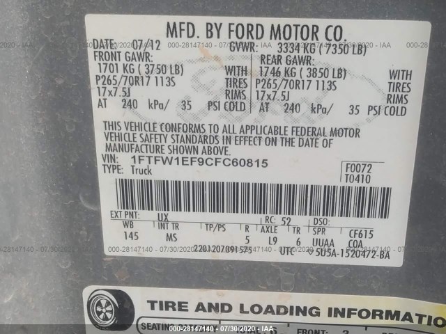 Photo 8 VIN: 1FTFW1EF9CFC60815 - FORD F-150 