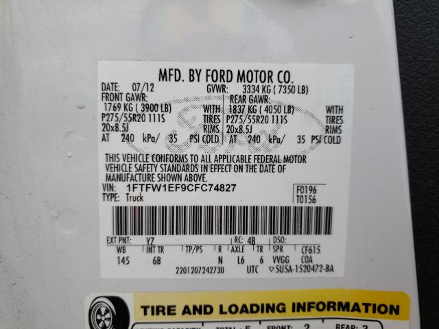 Photo 9 VIN: 1FTFW1EF9CFC74827 - FORD F150 SUPER 