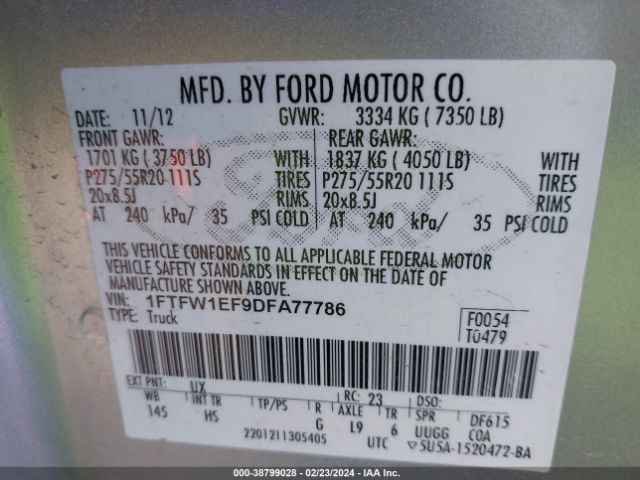 Photo 8 VIN: 1FTFW1EF9DFA77786 - FORD F-150 