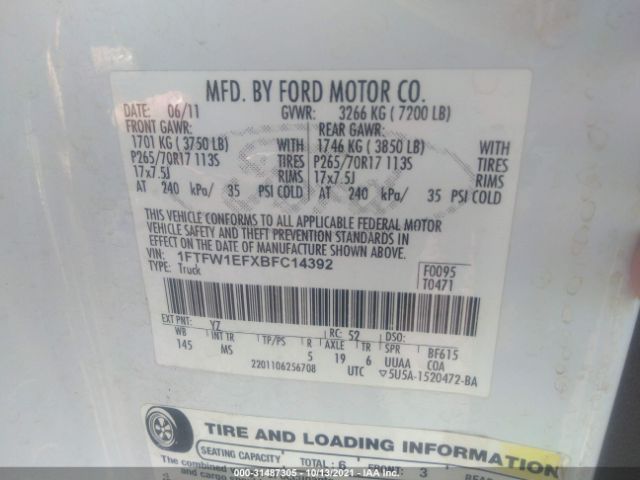 Photo 8 VIN: 1FTFW1EFXBFC14392 - FORD F-150 