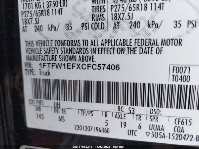 Photo 8 VIN: 1FTFW1EFXCFC57406 - FORD F-150 