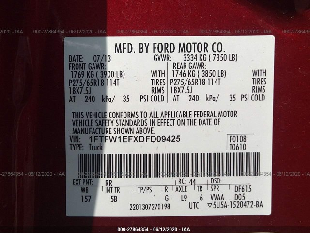 Photo 8 VIN: 1FTFW1EFXDFD09425 - FORD F150 