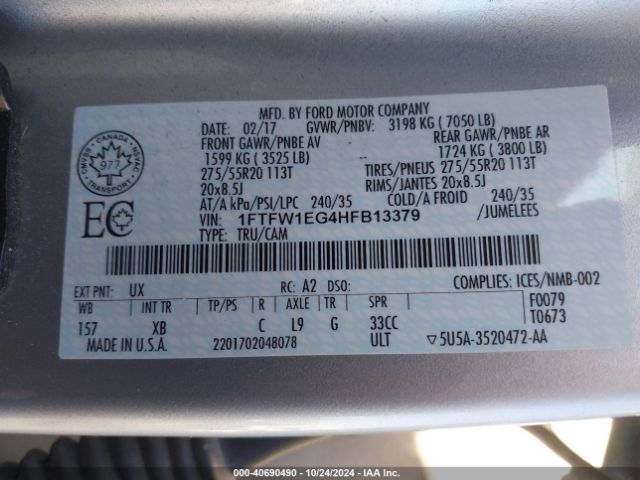 Photo 8 VIN: 1FTFW1EG4HFB13379 - FORD F-150 