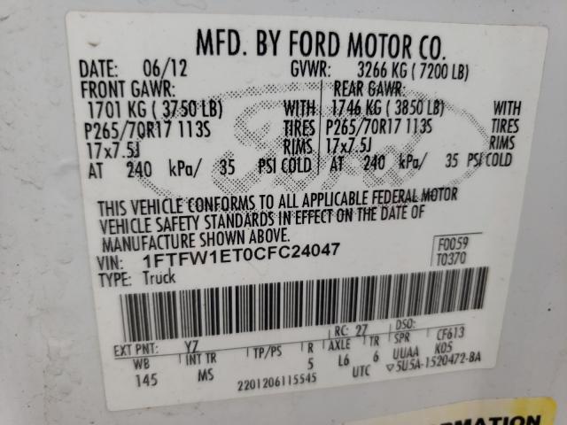 Photo 9 VIN: 1FTFW1ET0CFC24047 - FORD F150 SUPER 