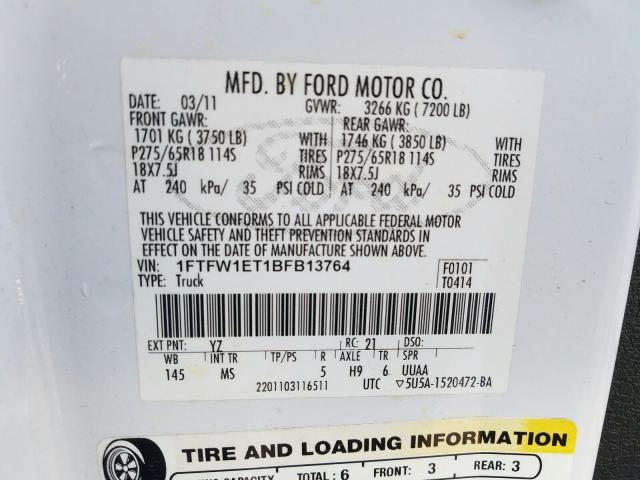 Photo 9 VIN: 1FTFW1ET1BFB13764 - FORD F150 SUPER 