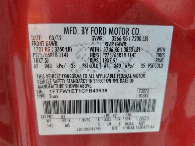 Photo 9 VIN: 1FTFW1ET1CFB43638 - FORD F150 SUPER 