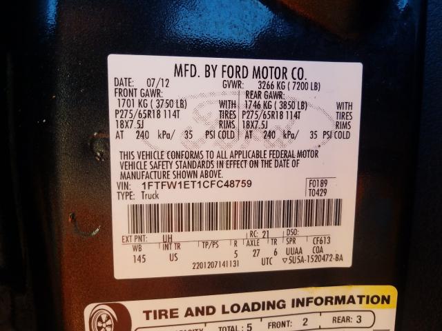 Photo 9 VIN: 1FTFW1ET1CFC48759 - FORD F150 SUPER 