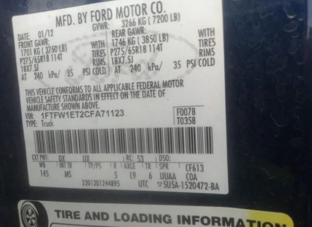 Photo 8 VIN: 1FTFW1ET2CFA71123 - FORD F-150 