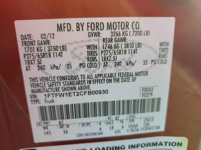 Photo 12 VIN: 1FTFW1ET2CFB00930 - FORD F150 SUPER 