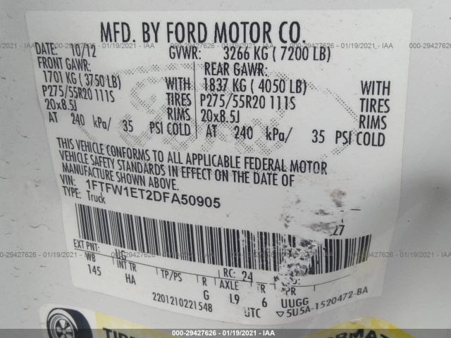 Photo 8 VIN: 1FTFW1ET2DFA50905 - FORD F-150 