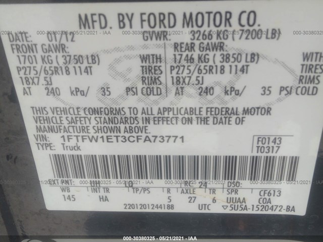 Photo 8 VIN: 1FTFW1ET3CFA73771 - FORD F-150 