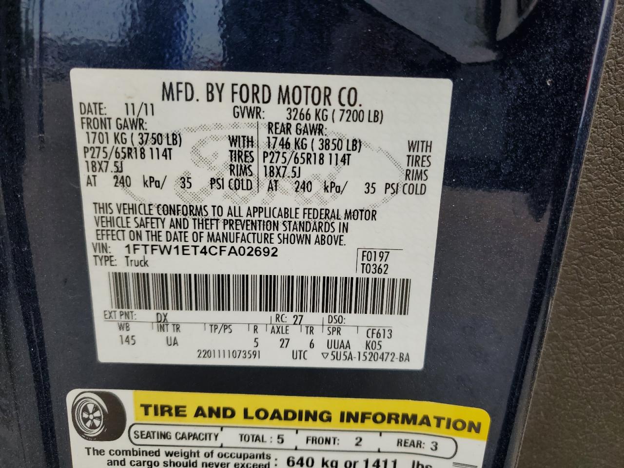 Photo 12 VIN: 1FTFW1ET4CFA02692 - FORD F-150 