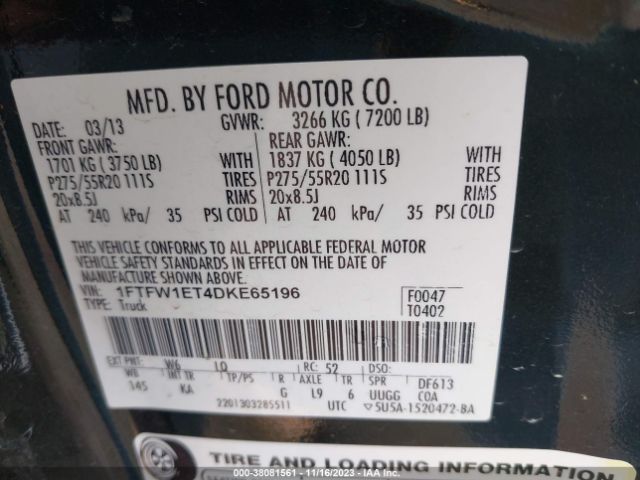 Photo 8 VIN: 1FTFW1ET4DKE65196 - FORD F-150 