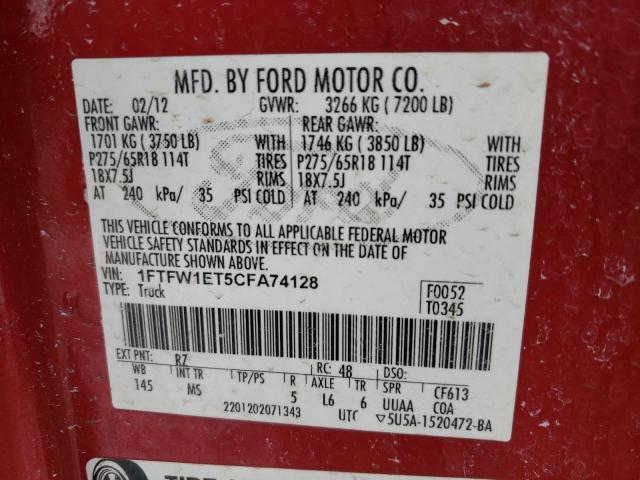 Photo 9 VIN: 1FTFW1ET5CFA74128 - FORD F150 SUPER 